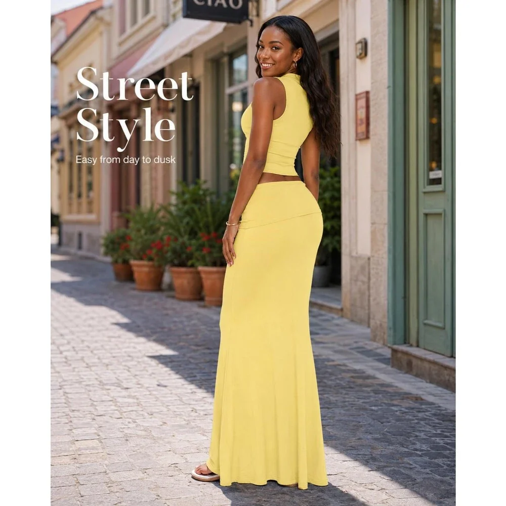 Skirt Women's Yellow Sets 2 Piece Outfits Sexy Two Pc Sleeveless Tank Crop Top M